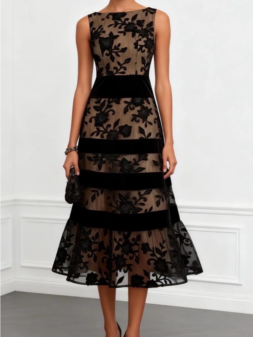Black Floral Embroidered Mesh Midi Dress with Velvet Bands